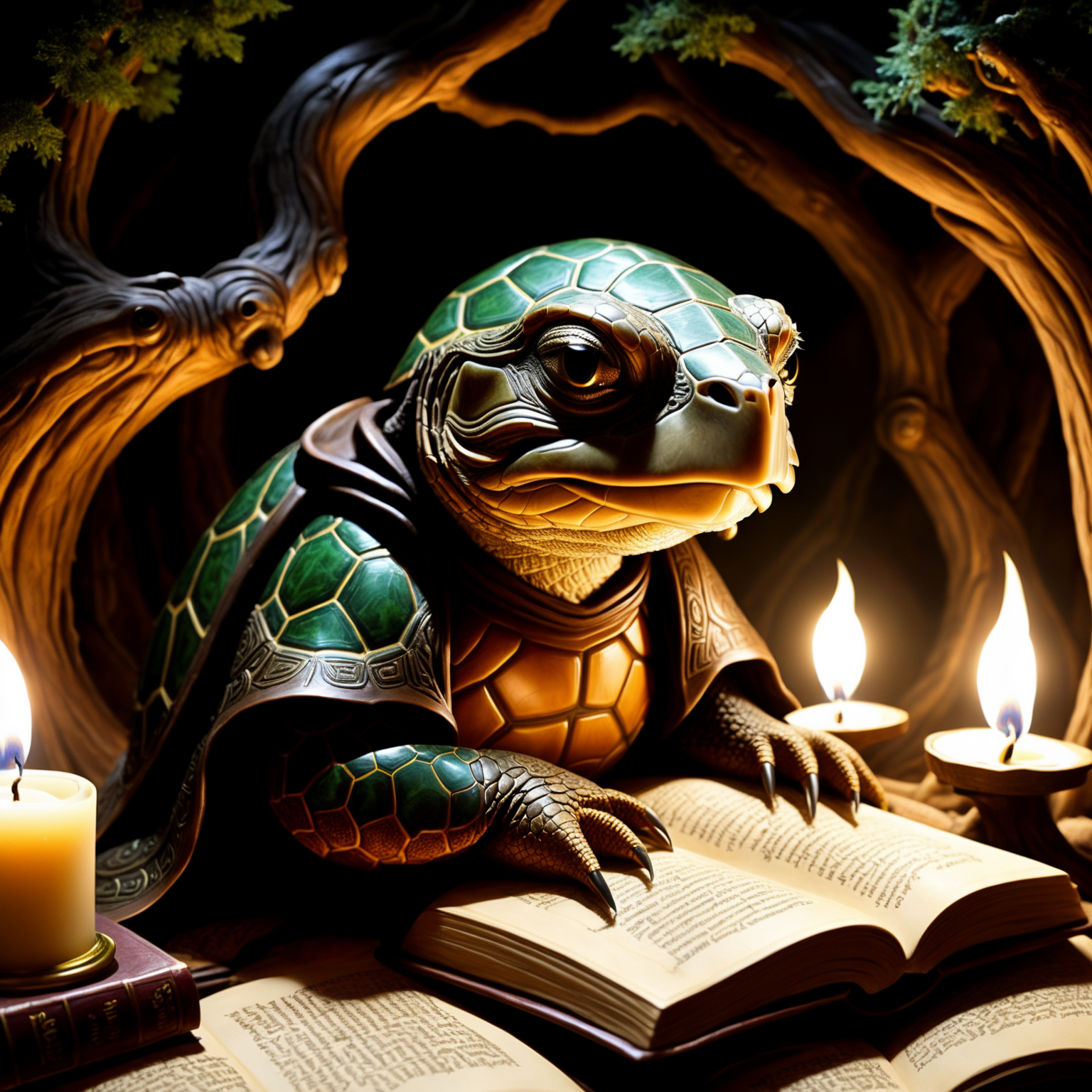 39. A wise old turtle wizard reading an ancient tome by candlelight in a library carved out of a colossal tree. Tolkien-es...